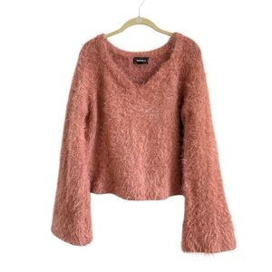 4SI3NNA Pink V-Neck Eyelash Sweater Bell Sleeves Fluffy Knit Cozy Fuzzy Med Y2K